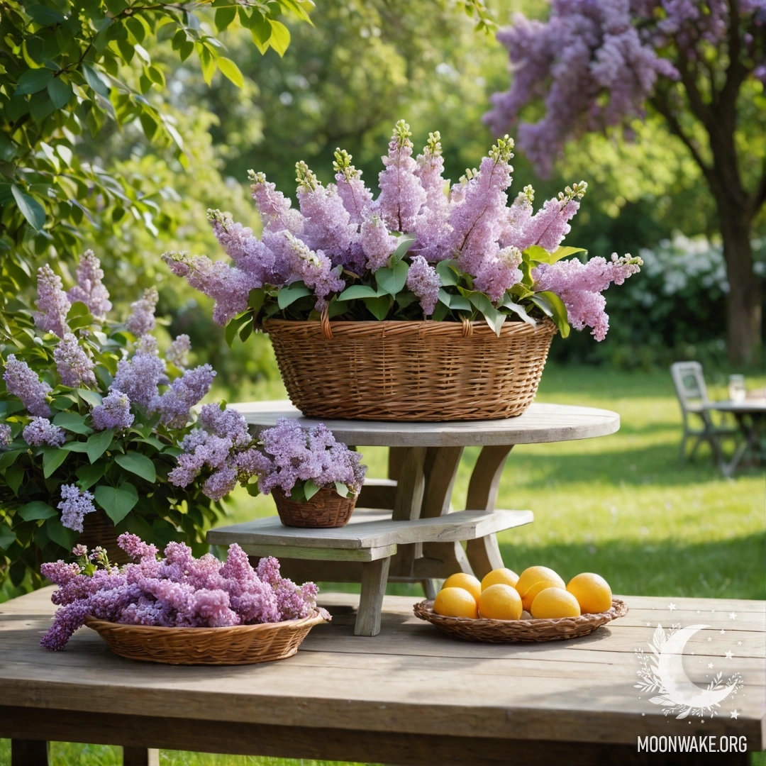 A vintage wooden table with a basket of lilacs in a green garden