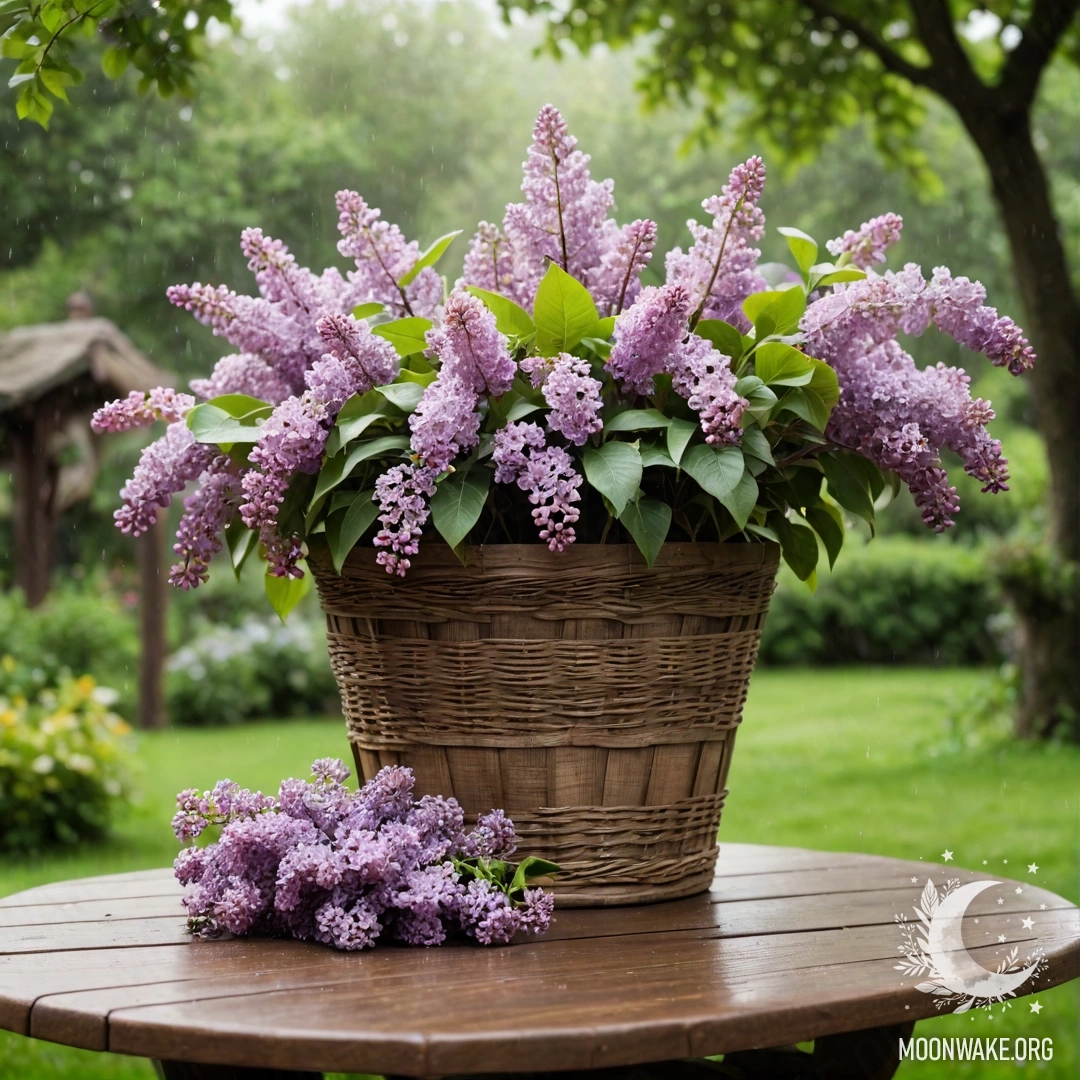 Sweet Vintage Garden Table with Lilacs A vintage wooden table with a basket of lilacs in a rain-soaked garden.