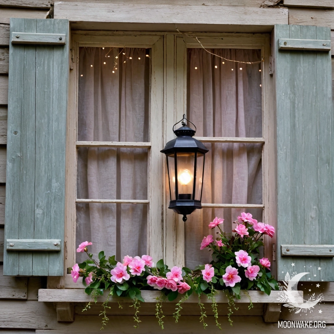 A shabby wooden window adorned with pink flowers and a kerosene lamp above.