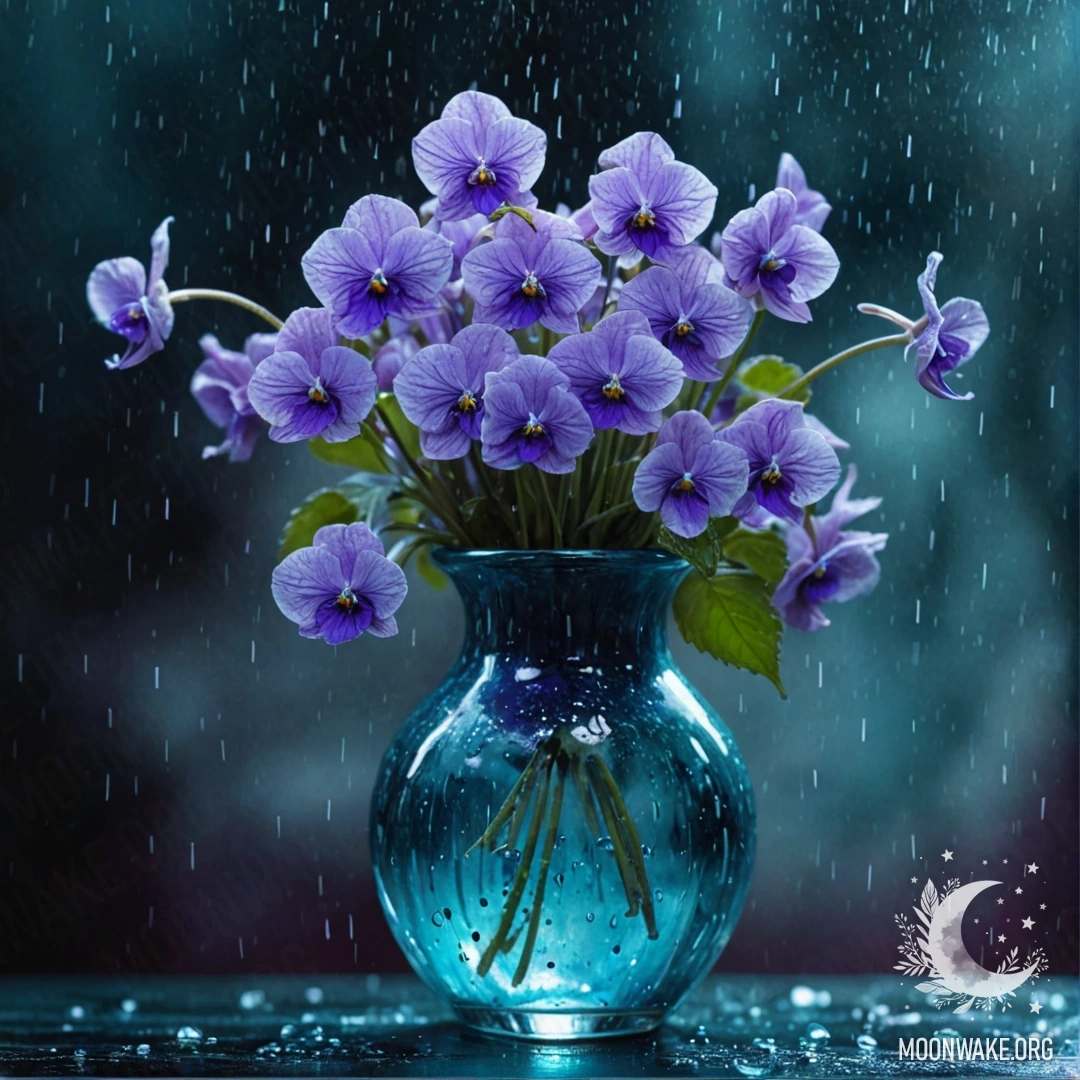 Sweet Violet in Aquamarine Vase Under Rain A sweet violet in an aquamarine vase, enveloped by rain at night.