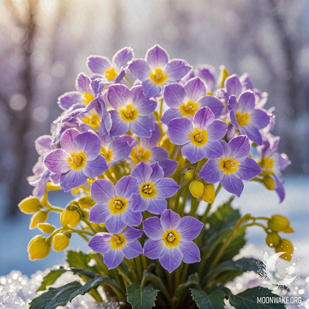 Sweet Violet Bouquet in Frosty Sunlight A bouquet of sweet violets with yellow flowers in the frost under sunny rays.