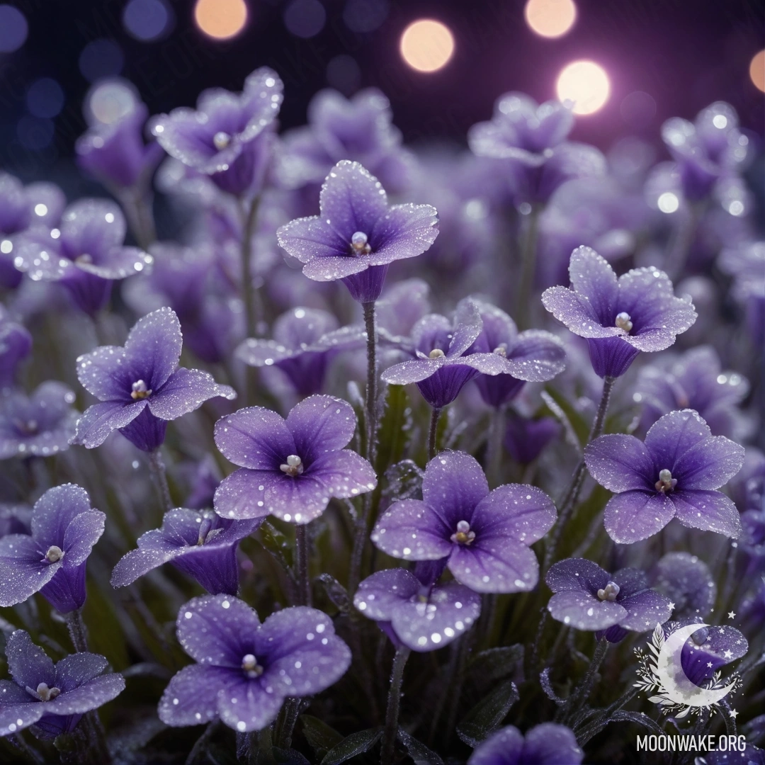 A sweet violet covered in frost at night with lavender sequins.