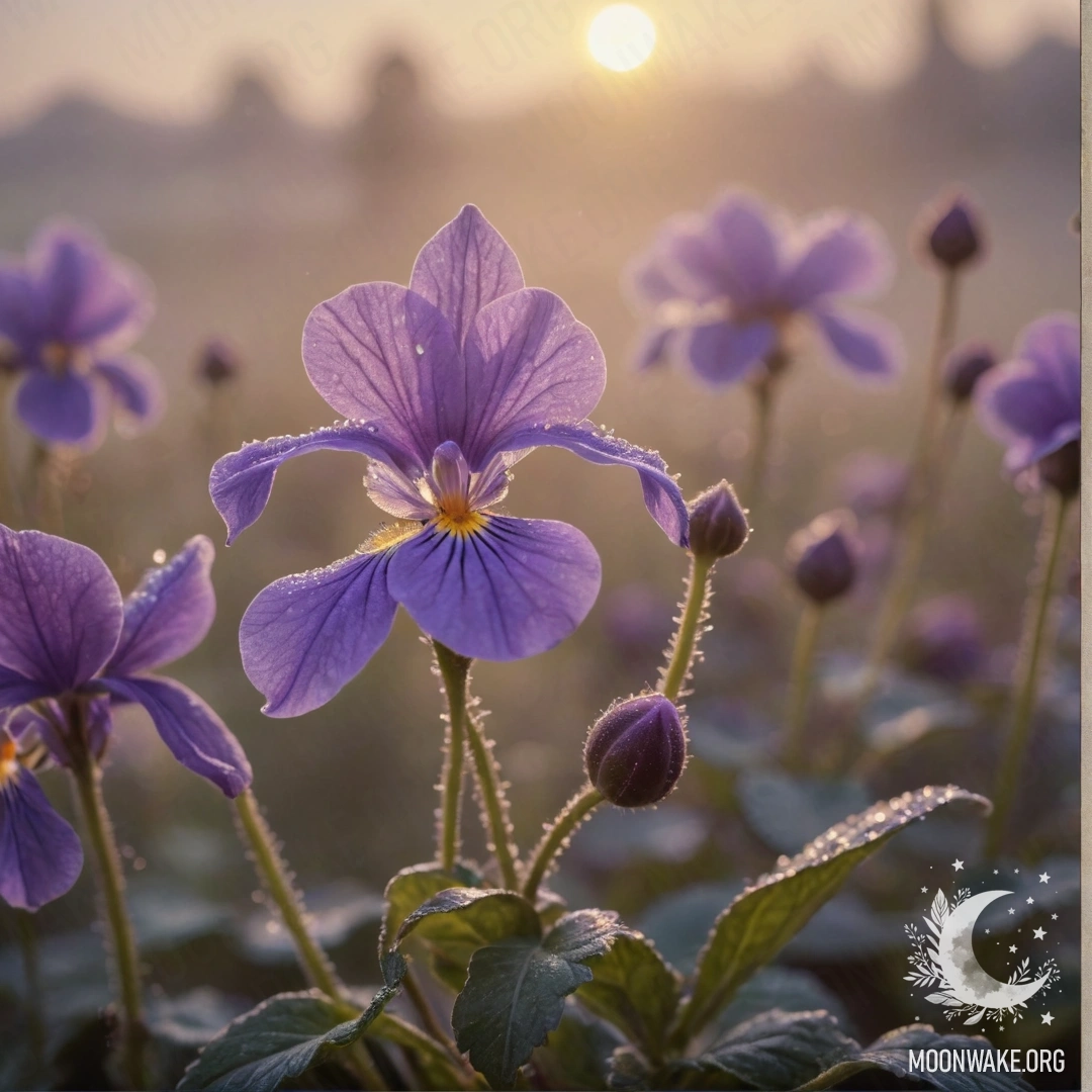 Sweet Violet in Misty Sunset A sweet violet flower enveloped in a mist during sunset with glittering accents.