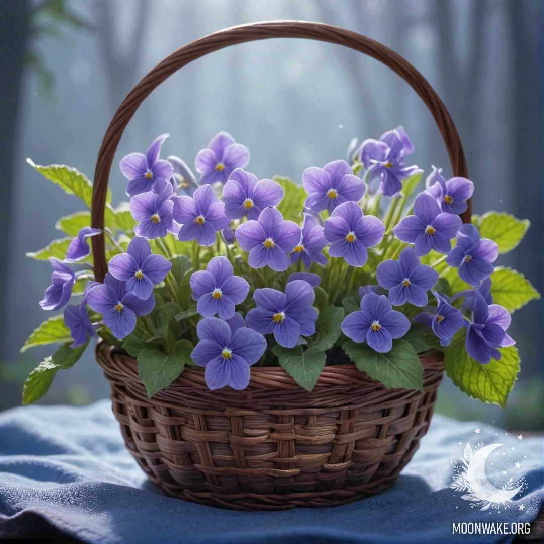 A delicate blue violet nestled in a misty basket.