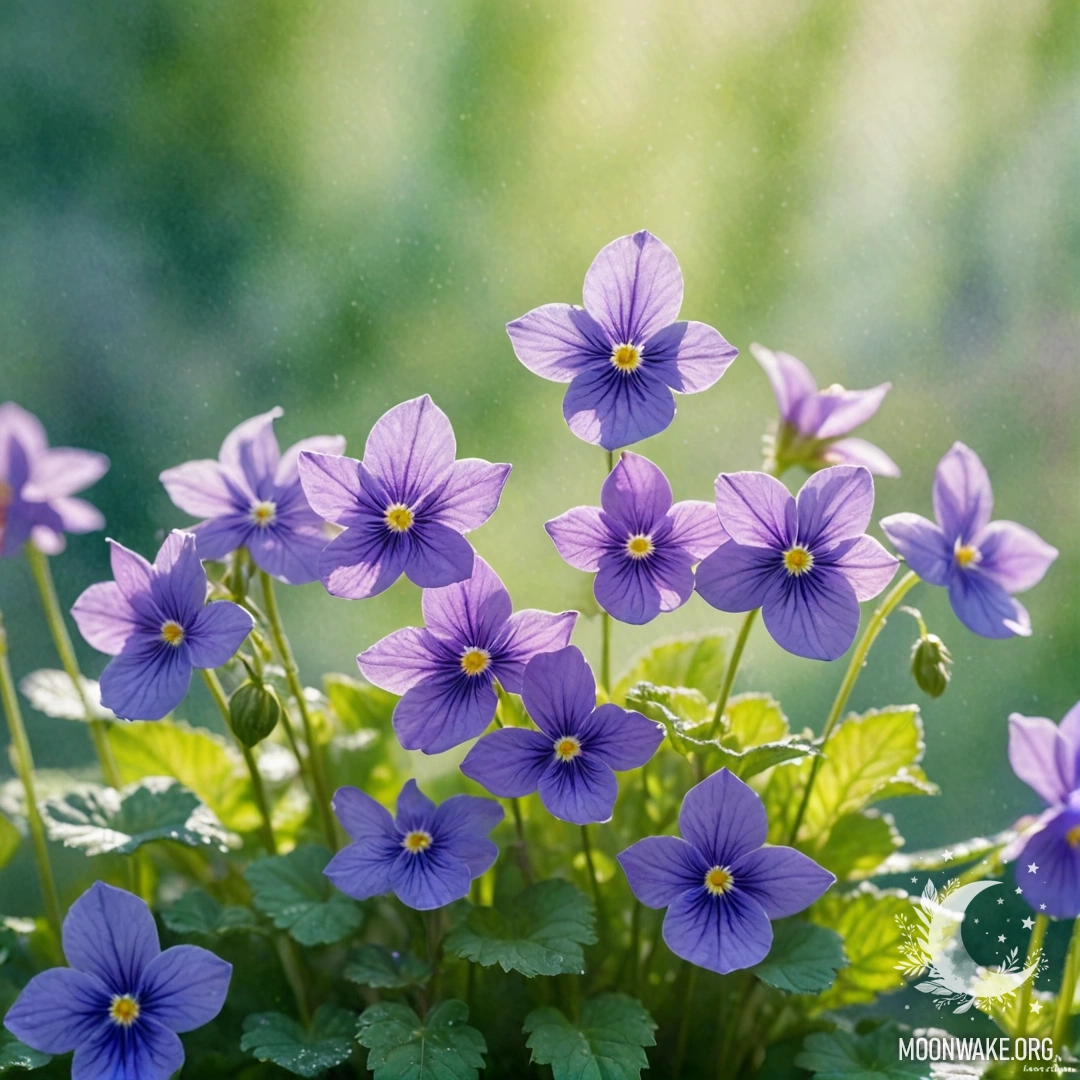 A watercolor painting depicting a sweet violet in mist with patterns of sunny rays and a greenish-blue hue.