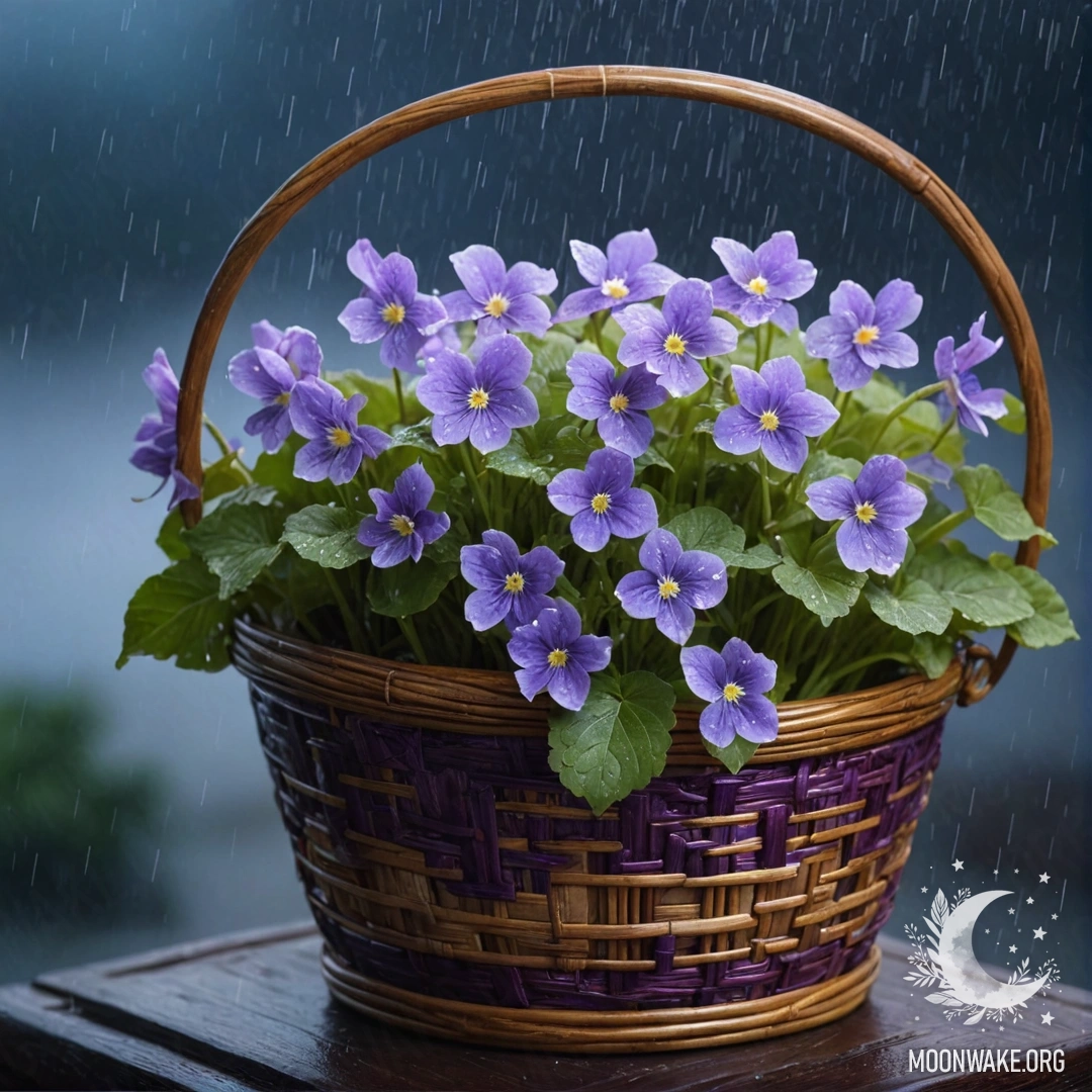 A delicate violet nestled in a sky-blue basket, surrounded by mist and rain at night.