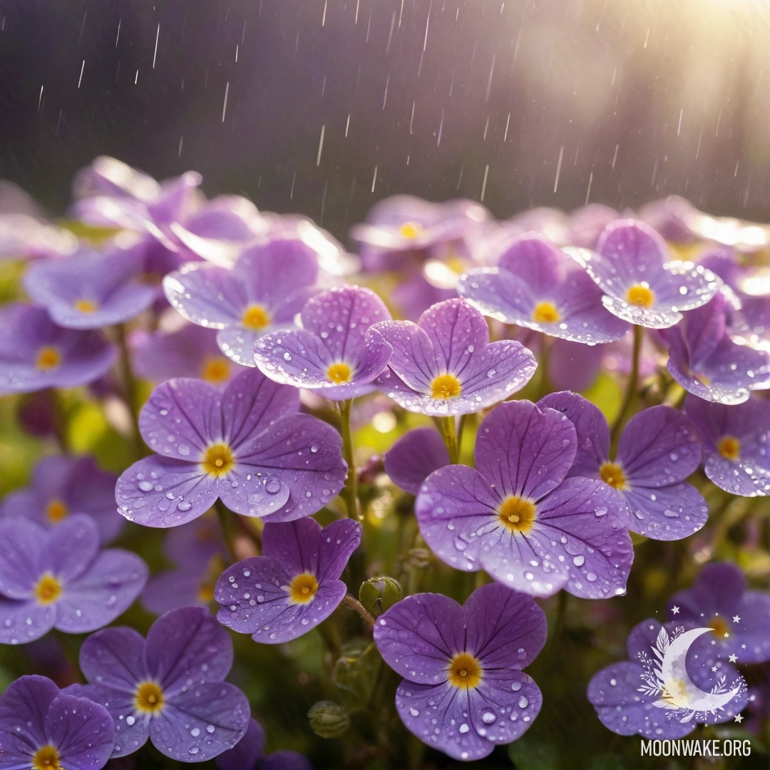 Sweet Violet Under the Rain A delicate sweet violet flower gently falling under the rain, illuminated by sunny rays and adorned with rhinestones.