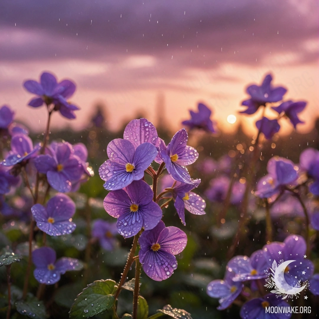 A delicate violet drenched in rain, set against a pink sunset.
