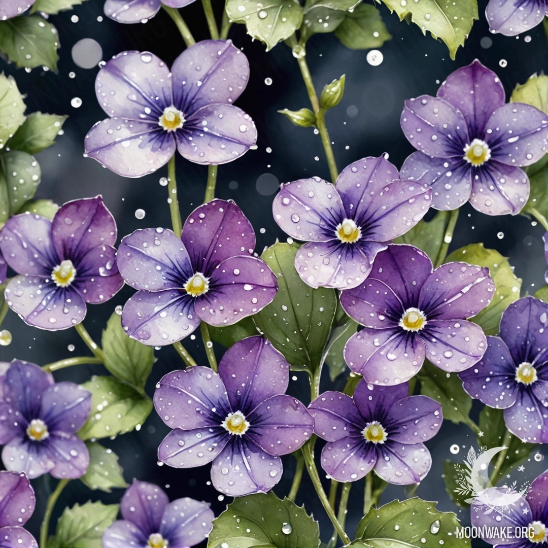 Sweet Violet with Dew Drops A sweet violet with sparkling dew drops under a night sky.