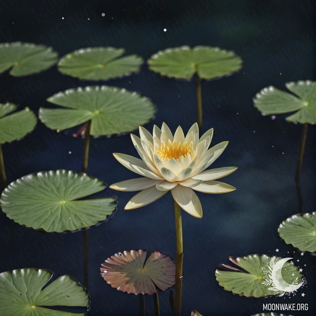 Sweet Water Lily on Olive Background A delicate water lily gracefully floating against an olive-colored background, captured in soothing watercolor.