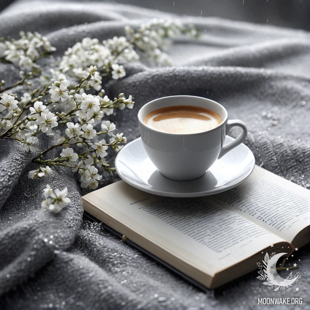 Charming Coffee Moment Under Rain A close-up of a sweet white chair featuring a gray knitted blanket, a book, a branch with white flowers, and a white cup of coffee, all under the rain.