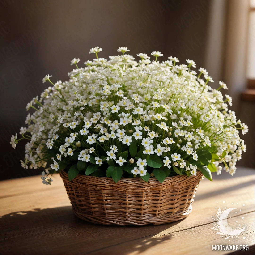 A basket filled with small white flowers, gently illuminated by sunlight.