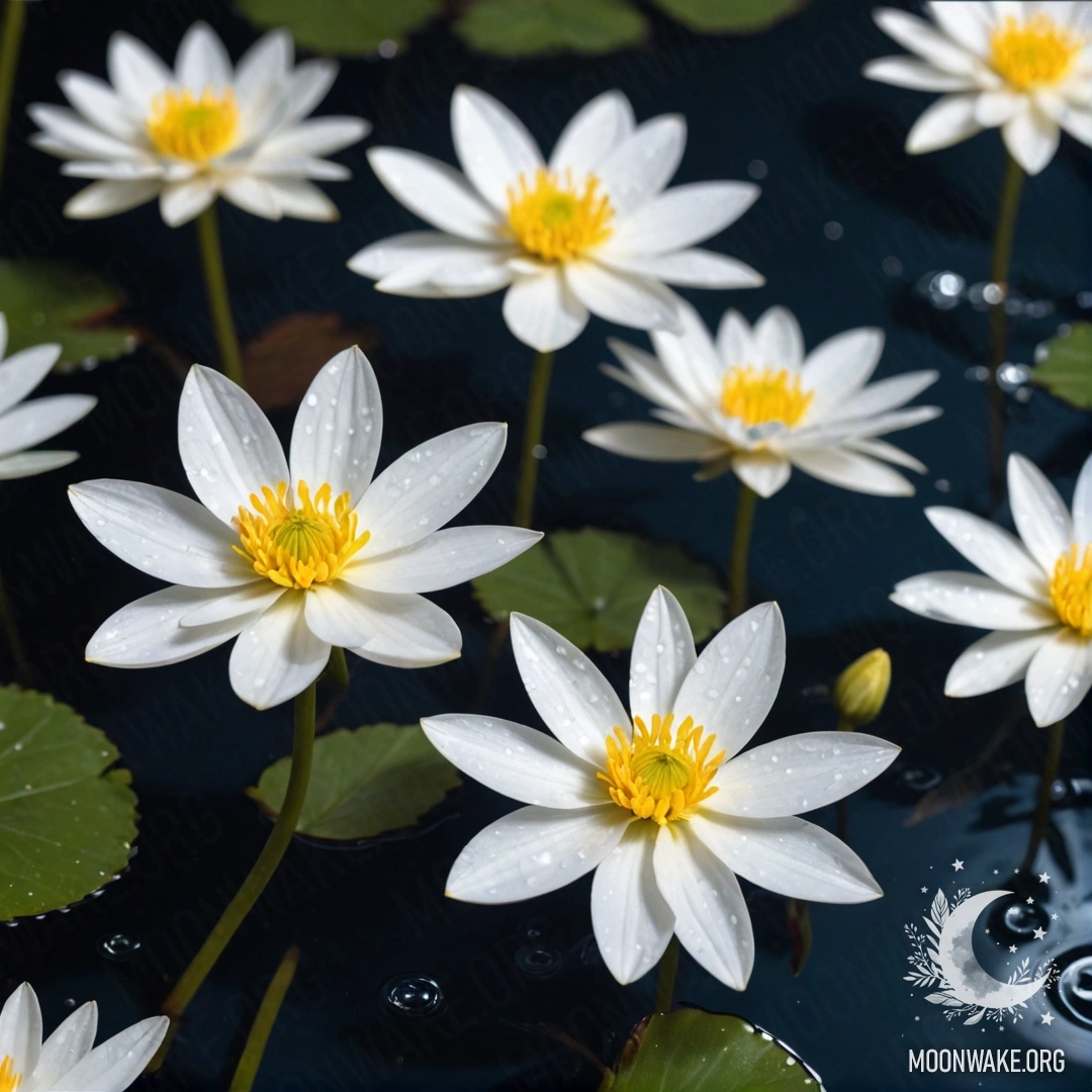 Sweet White Flowers on Water at Night A serene scene of sweet white flowers floating on a dark water surface under a night sky.