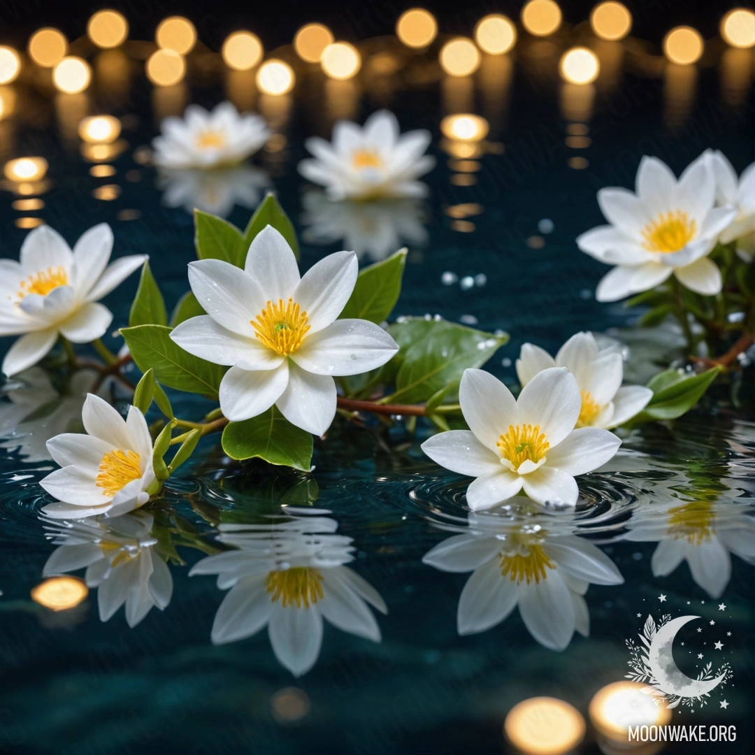 Sweet White Flowers on Water A serene scene of sweet white flowers floating on a water surface adorned with twinkling garland lights.