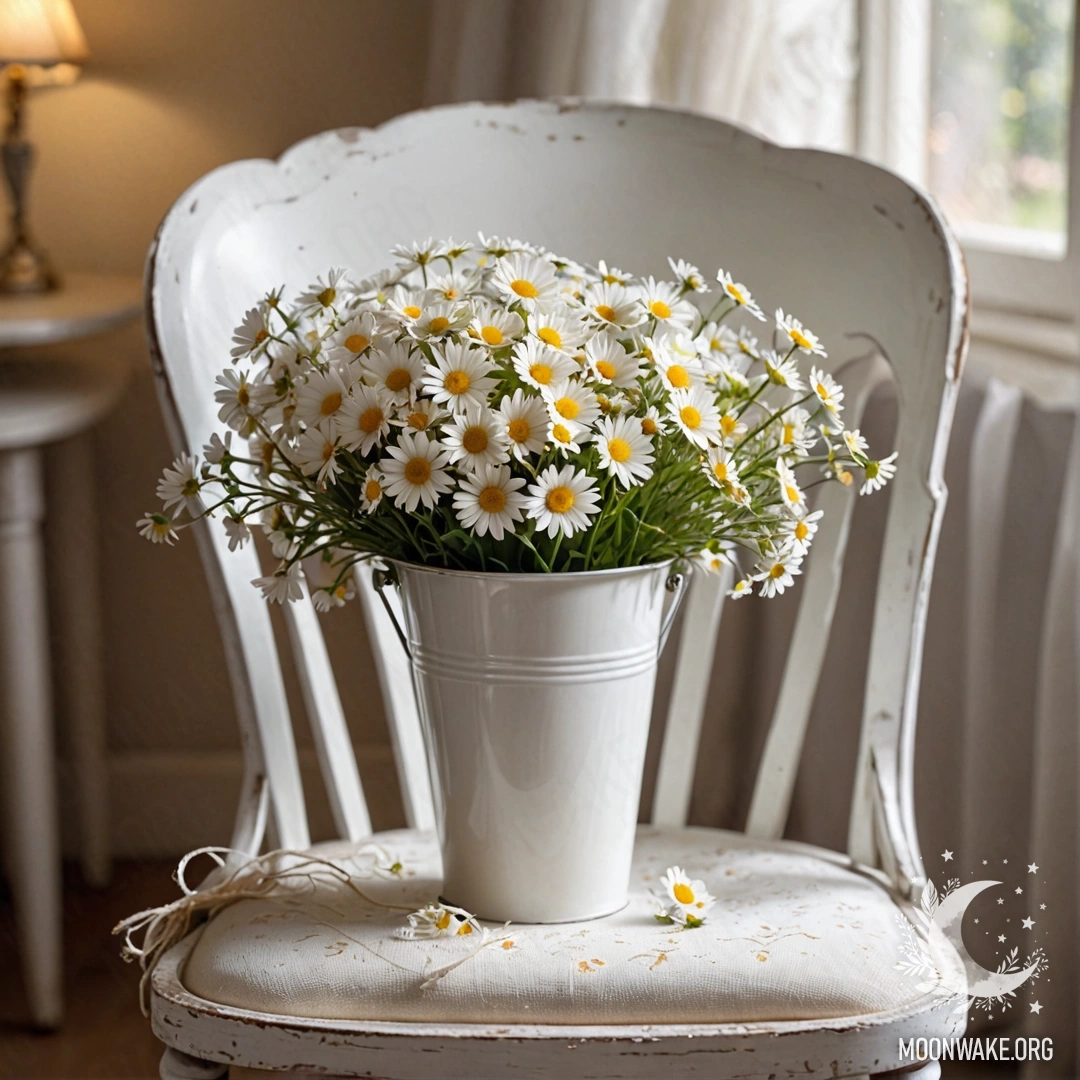 A sweet white stone wall with an open window and a basket of daisies on the windowsill
