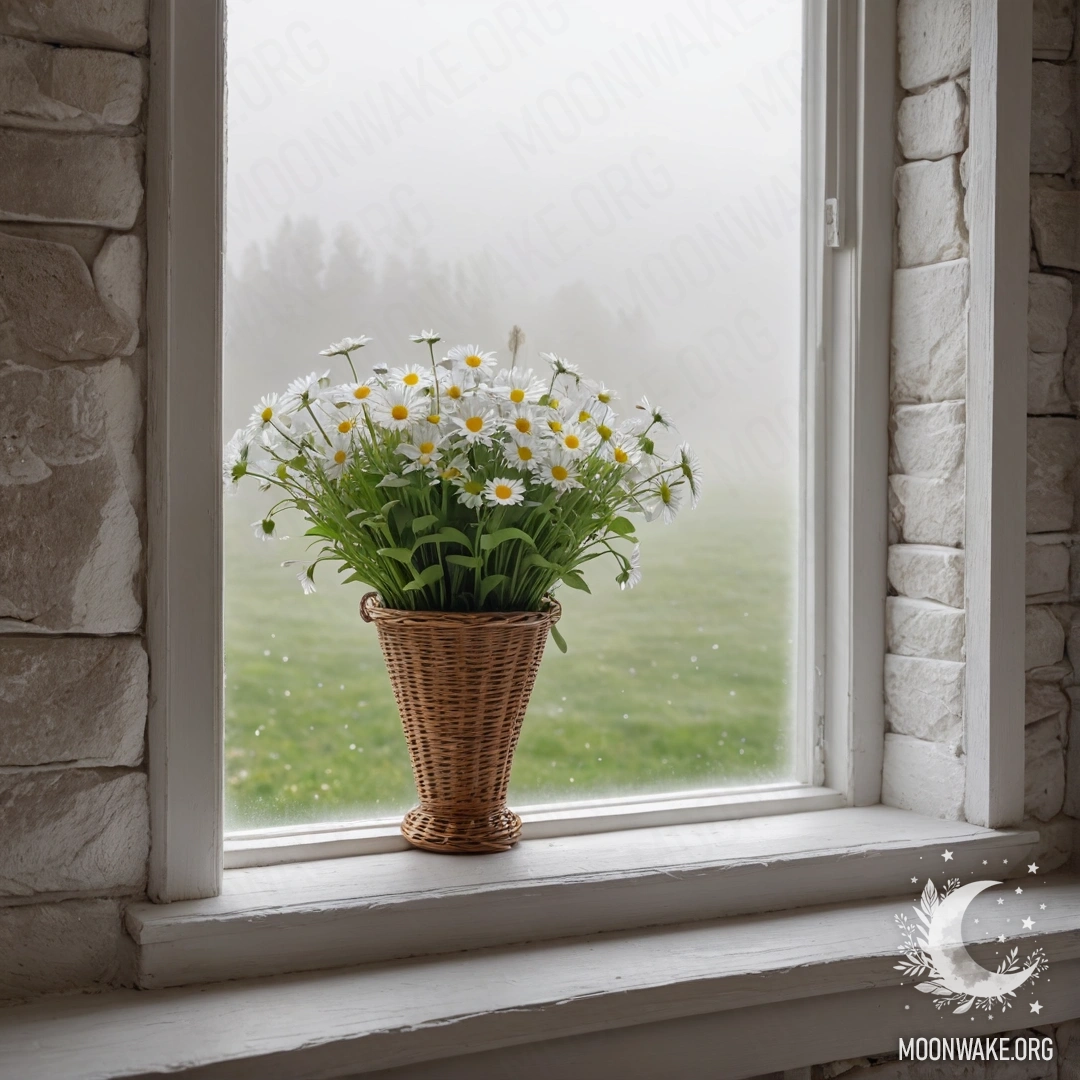 A sweet white stone wall with an open window and a basket of daisies on the windowsill, surrounded by dense fog.