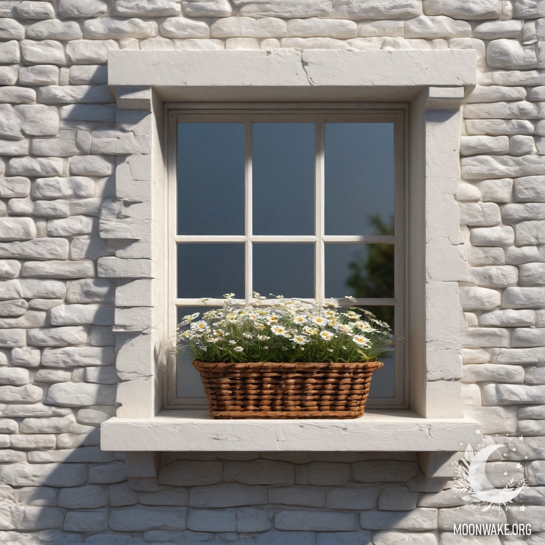 A photorealistic view of a white stone wall with an open window and a basket of daisies on the windowsill, illuminated by gentle sun rays.