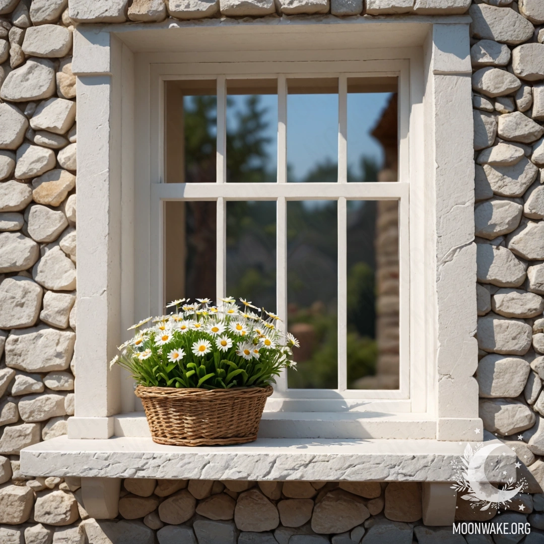 A picturesque white stone wall with an open window, featuring a lovely basket of daisies basking in warm garland light.