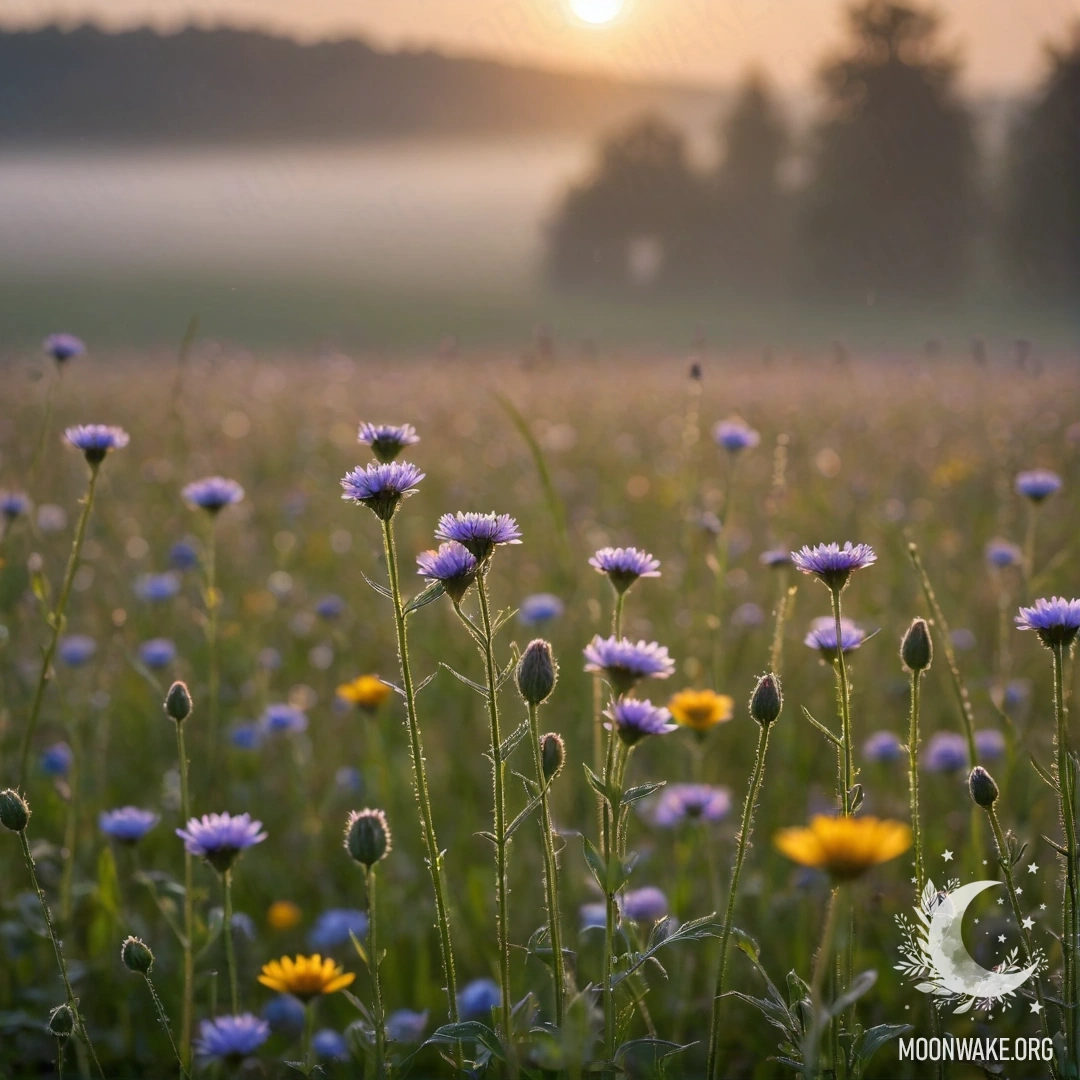 Close-up of sweet wildflowers against a blurry field and foggy sunset.