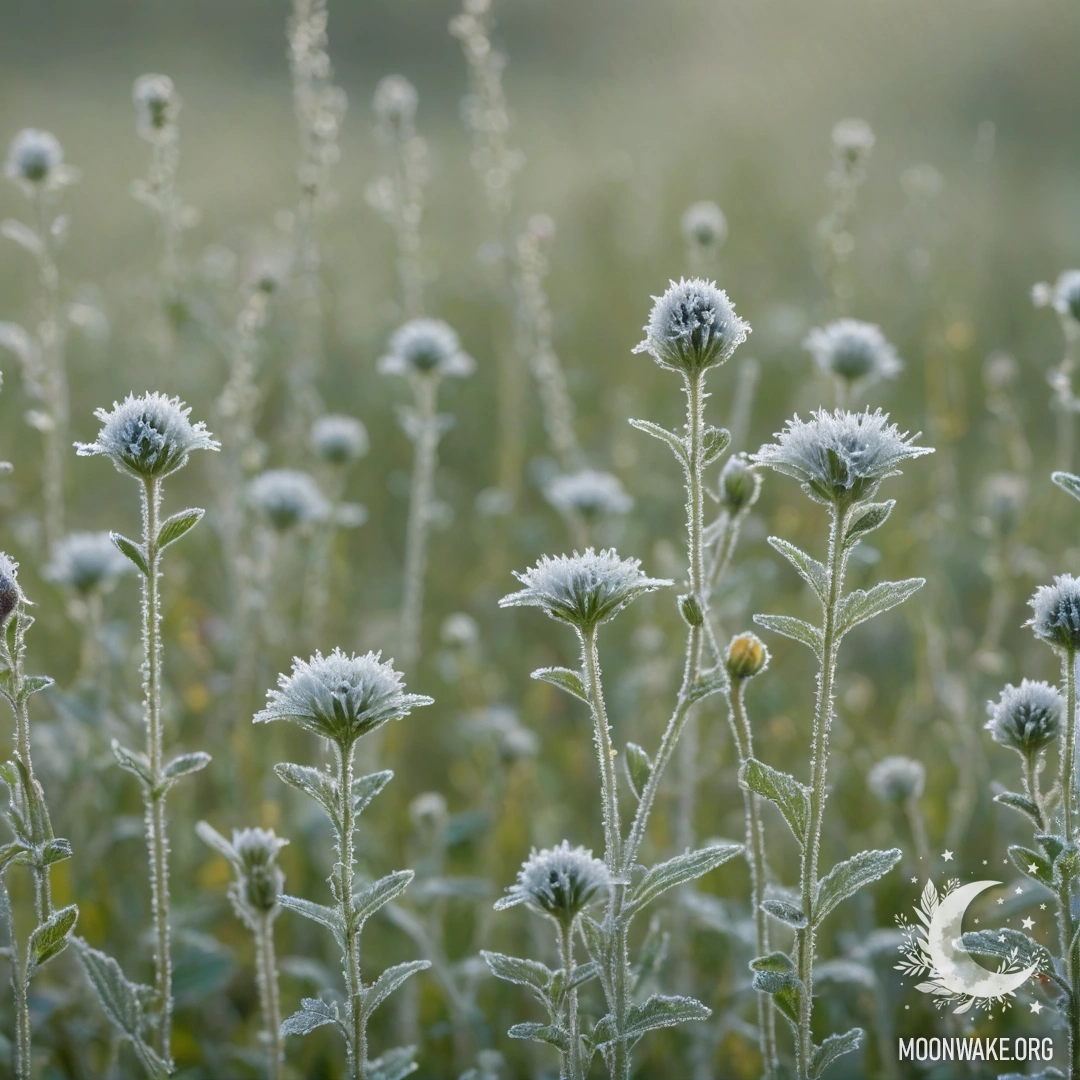 Mint-Colored Wildflowers with Frost Patterns A delicate arrangement of mint-colored wildflowers adorned with intricate frost patterns.