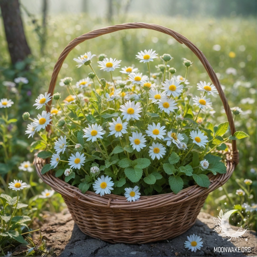 Sweet Wildflowers in Fog with Sunny Rays A basket filled with sweet wildflowers in mint color, surrounded by fog and sunny rays.