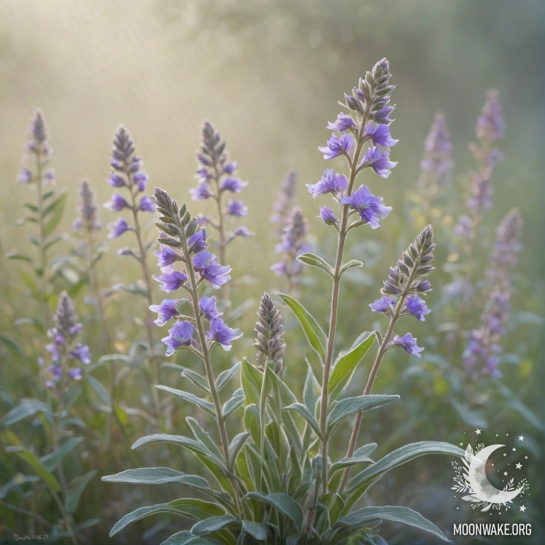 A bouquet of wildflowers in soft sage color, enveloped in fog with sunny rays peeking through.