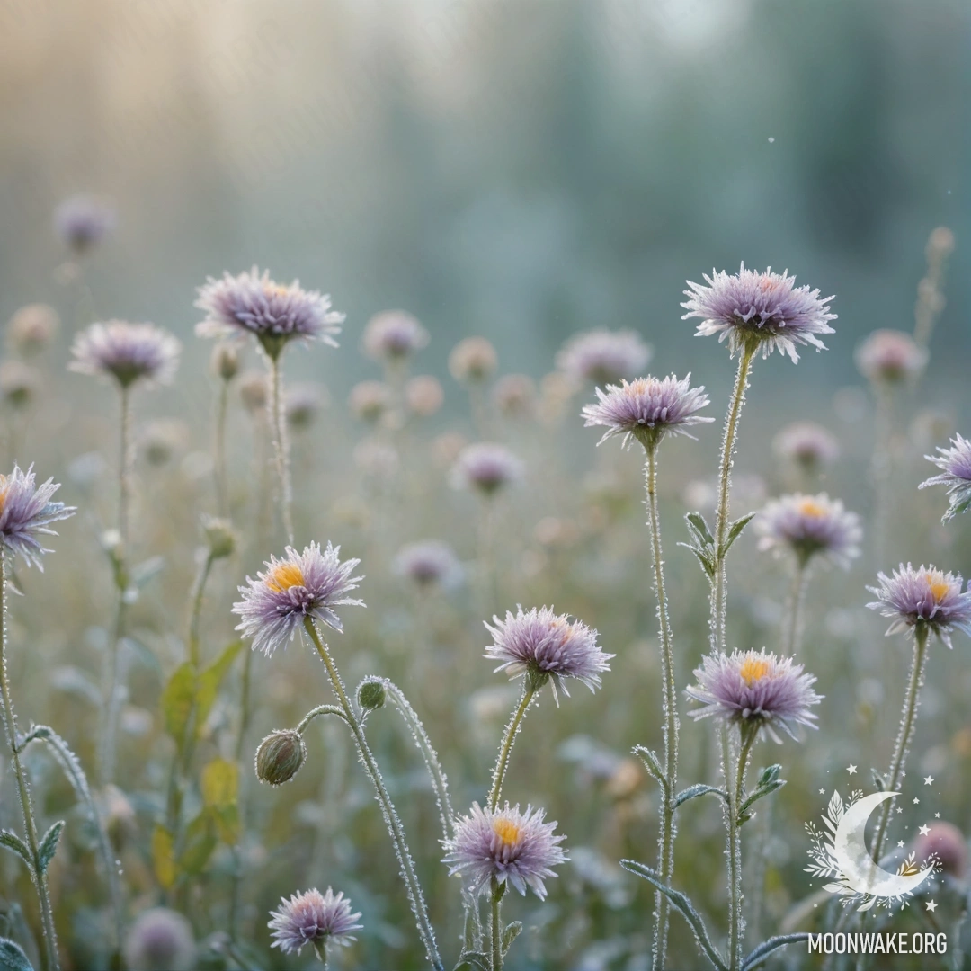 A delicate arrangement of pastel wildflowers covered in frost and glitter.
