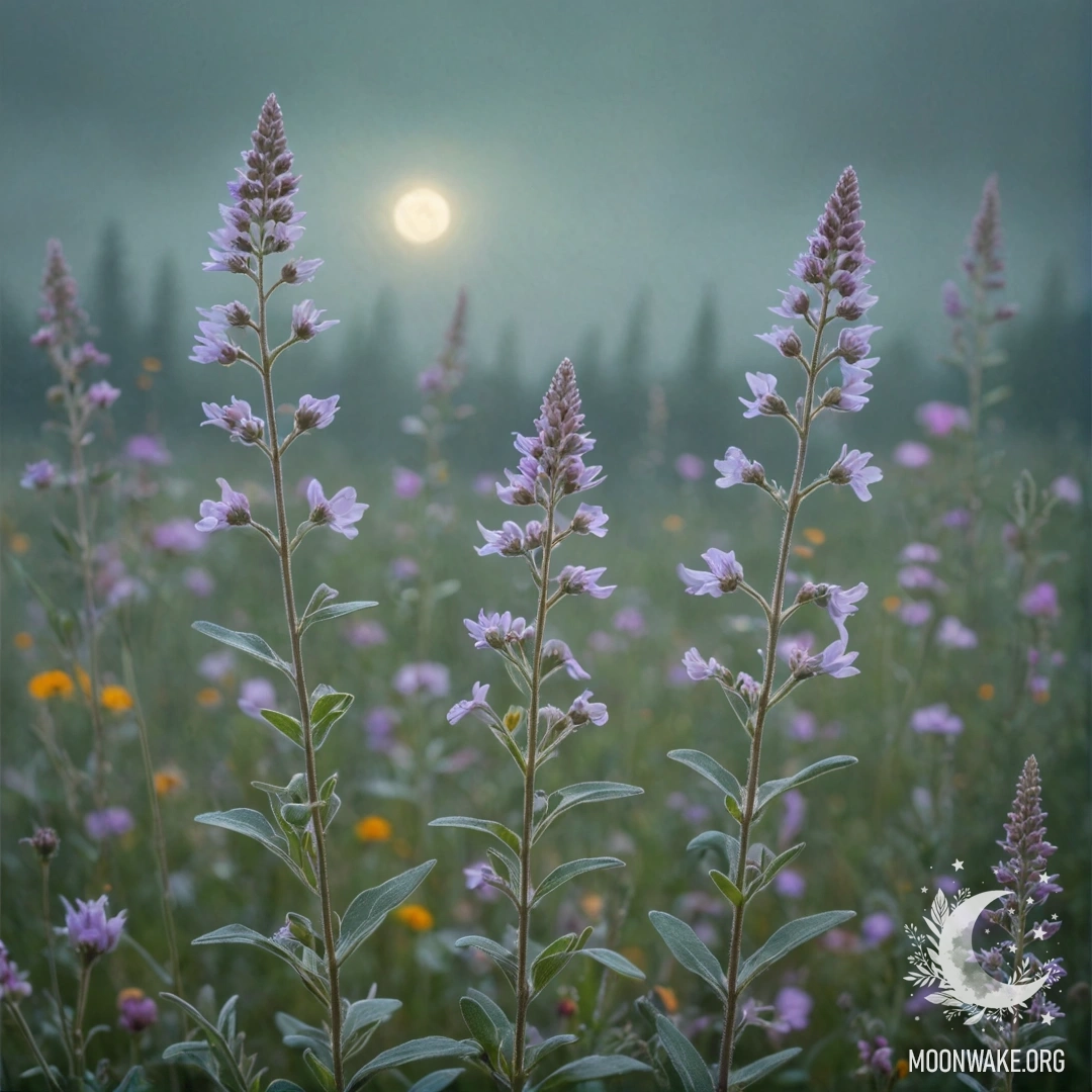 A serene scene of sweet wildflowers enveloped in mist at night.