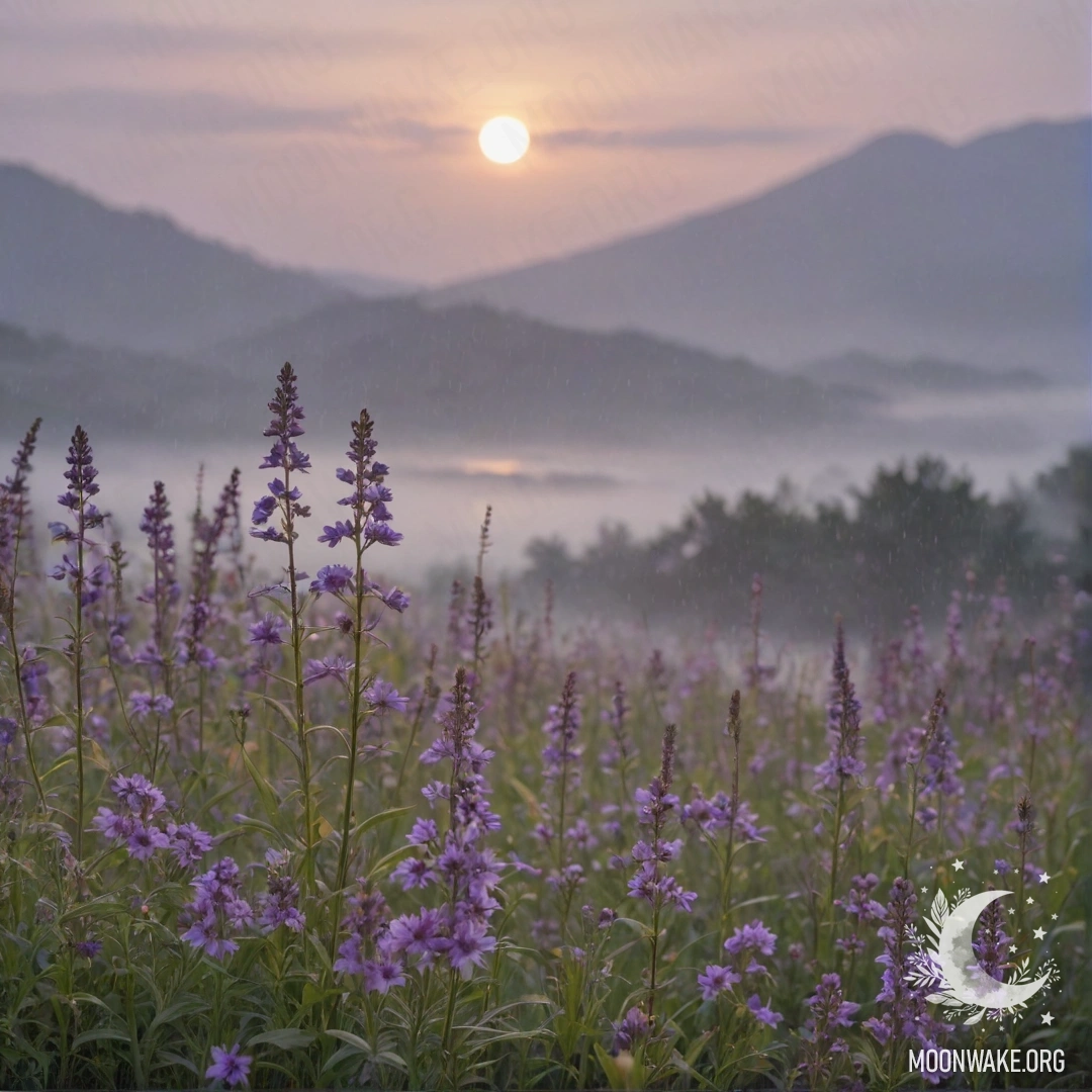 A dreamy scene of purple wildflowers in mist, soaked by rain at sunset.