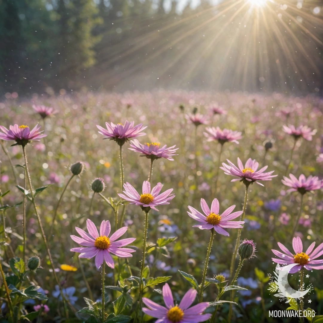 A beautiful arrangement of pink wildflowers surrounded by mist and rays of sunshine.