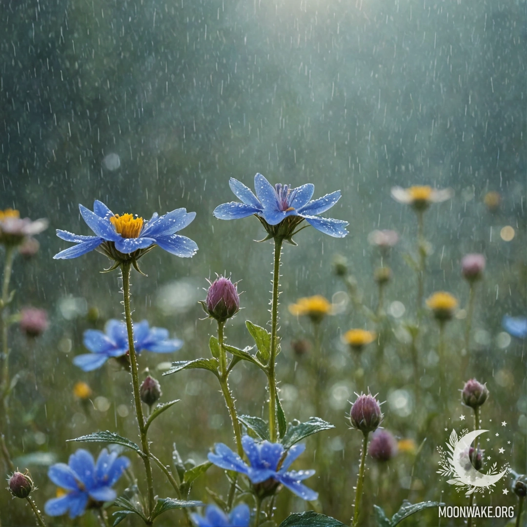 Sweet Wildflowers in the Mist A field of blue wildflowers in misty rain with sunlight and glitter.