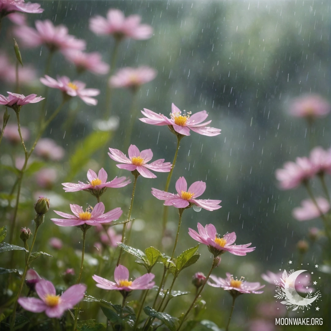 A serene scene of pink wildflowers in the misty rain with sunlight filtering through.