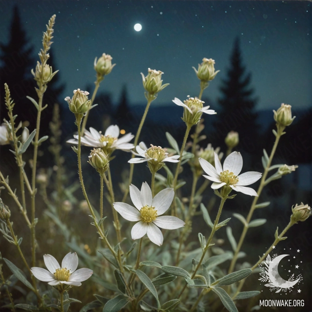 Sweet Wildflowers at Night A serene night scene featuring delicate wildflowers in sage color adorned with rhinestones.