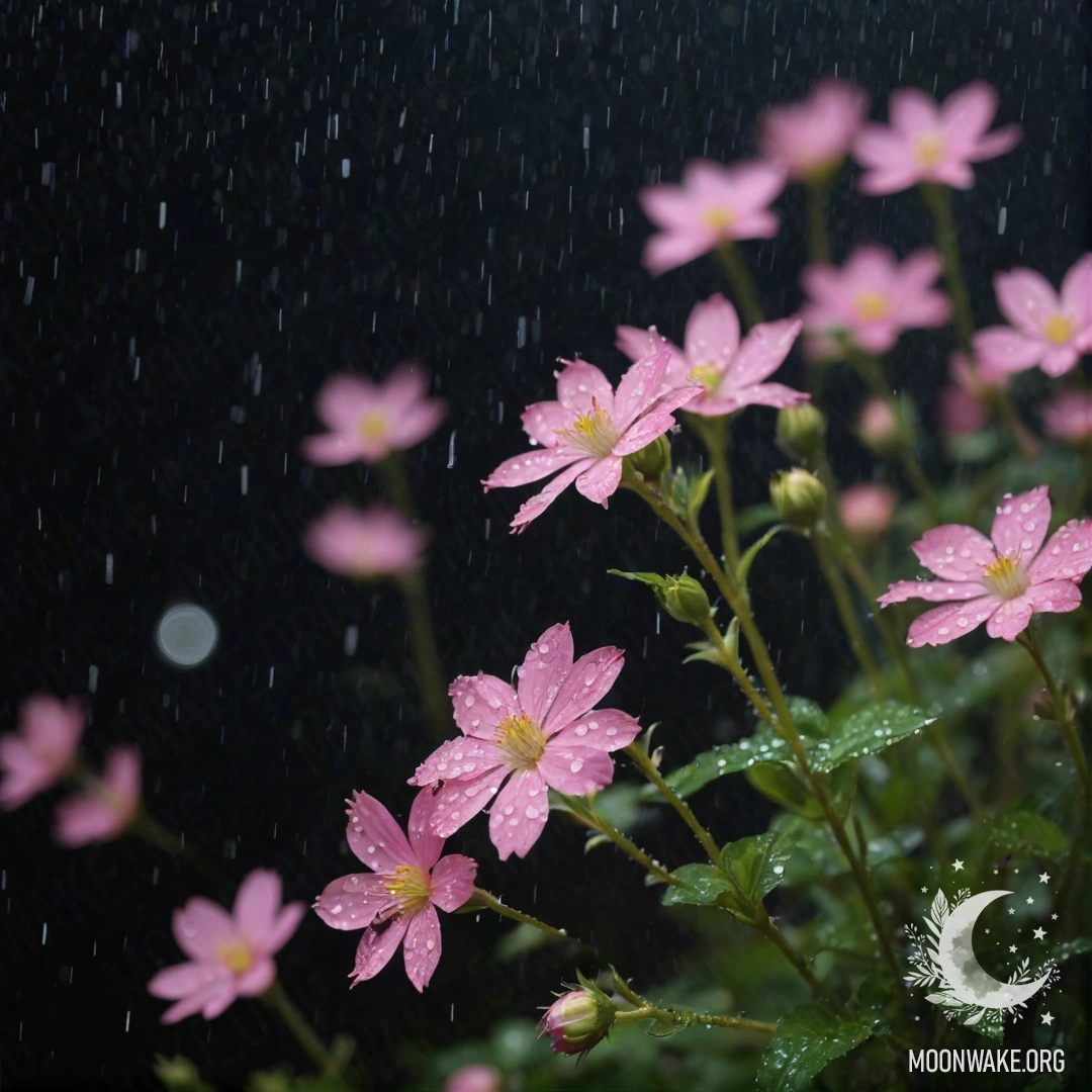 A collection of sweet wildflowers illuminated by rain at night, with a pink color palette.