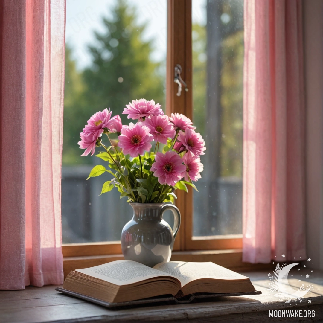 A wooden window sill featuring an old shabby book, a gray vase with pink flowers, and a pink curtain adorned with garland lights.