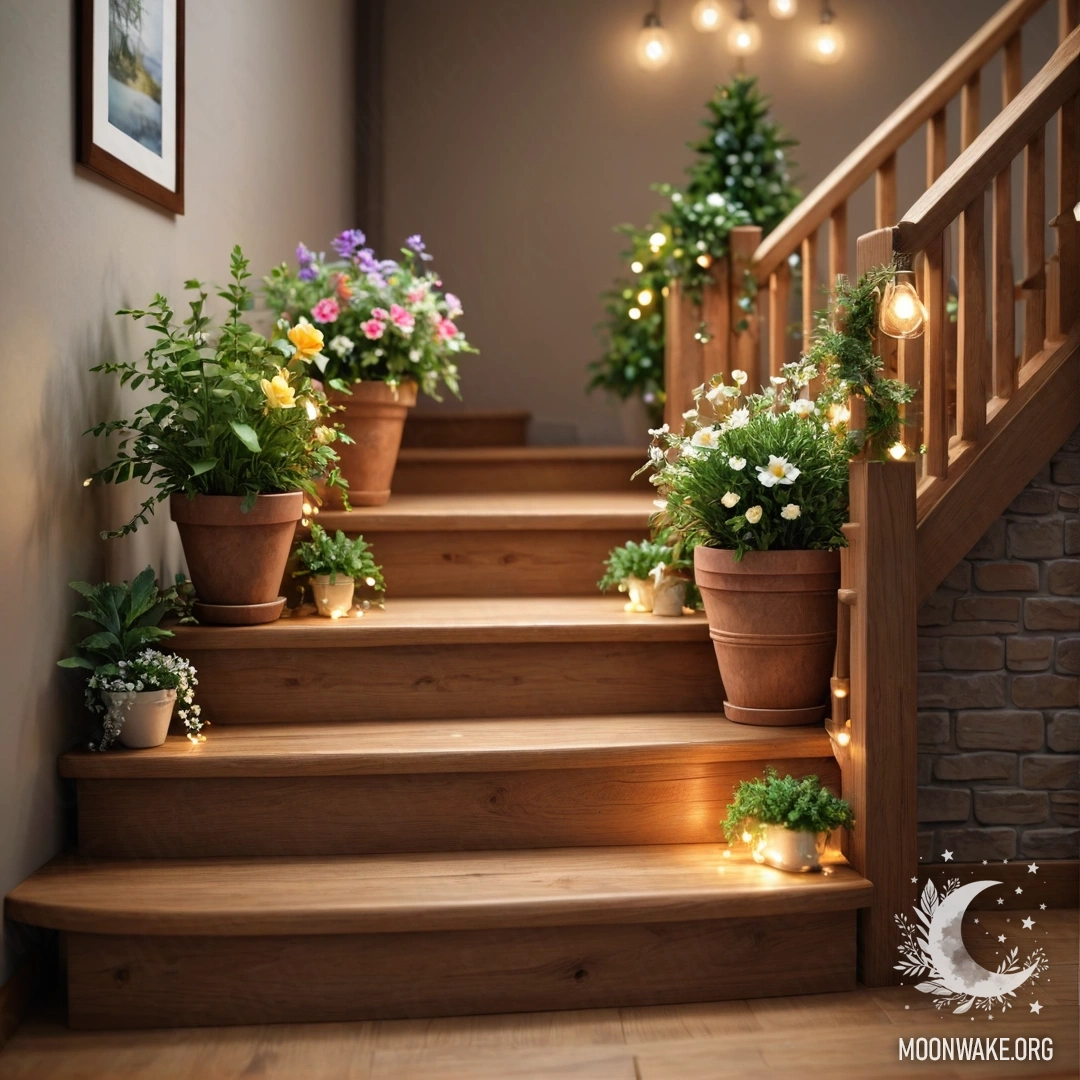Sweet Floral Decor on Wooden Staircase A wooden staircase adorned with flowerpots and twinkling garland lights.