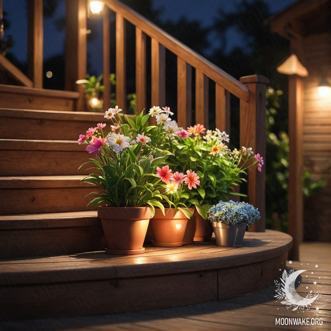 A serene wooden staircase adorned with flowerpots at night.