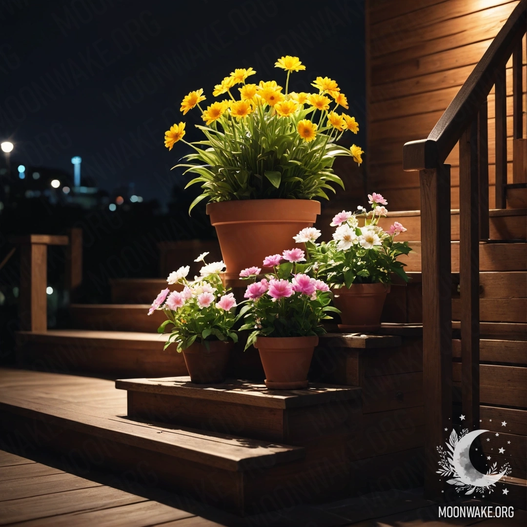 Sweet Nighttime Scene with Flowerpots A wooden staircase adorned with flowerpots at night.