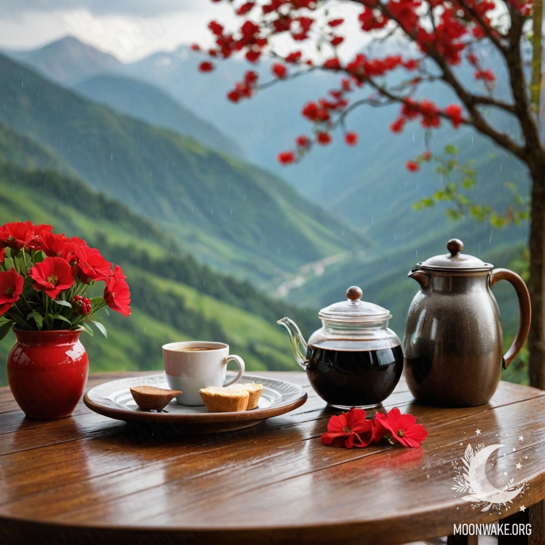 A wooden table with a jar of red flowers, a coffee pot and cups in the rain with mountains in the background.