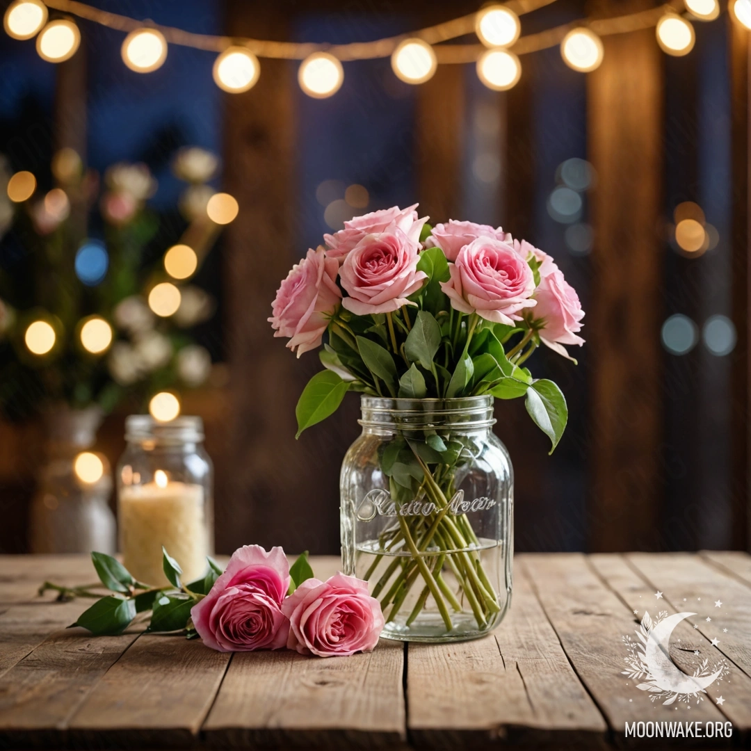 A shabby wooden table with a jar of flowers and a light garland bokeh in the background at night.