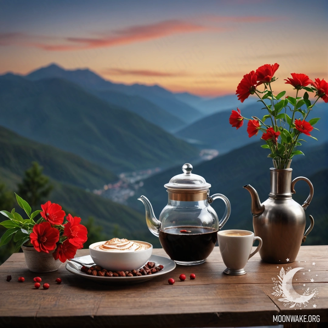 Charming Nighttable with Flowers and Mountain View A wooden table set against a mountain backdrop at night, featuring a jar of red flowers, a coffee pot, and cups.