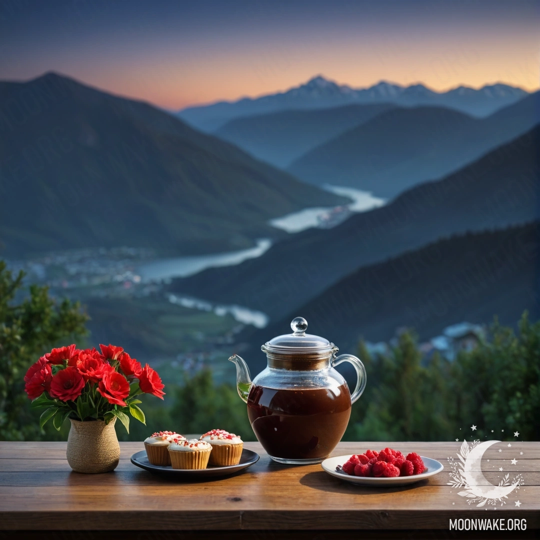 Charming Nighttime Table Against Mountain View A wooden table with a jar of red flowers, a coffee pot and cups in a nighttime mountain setting.