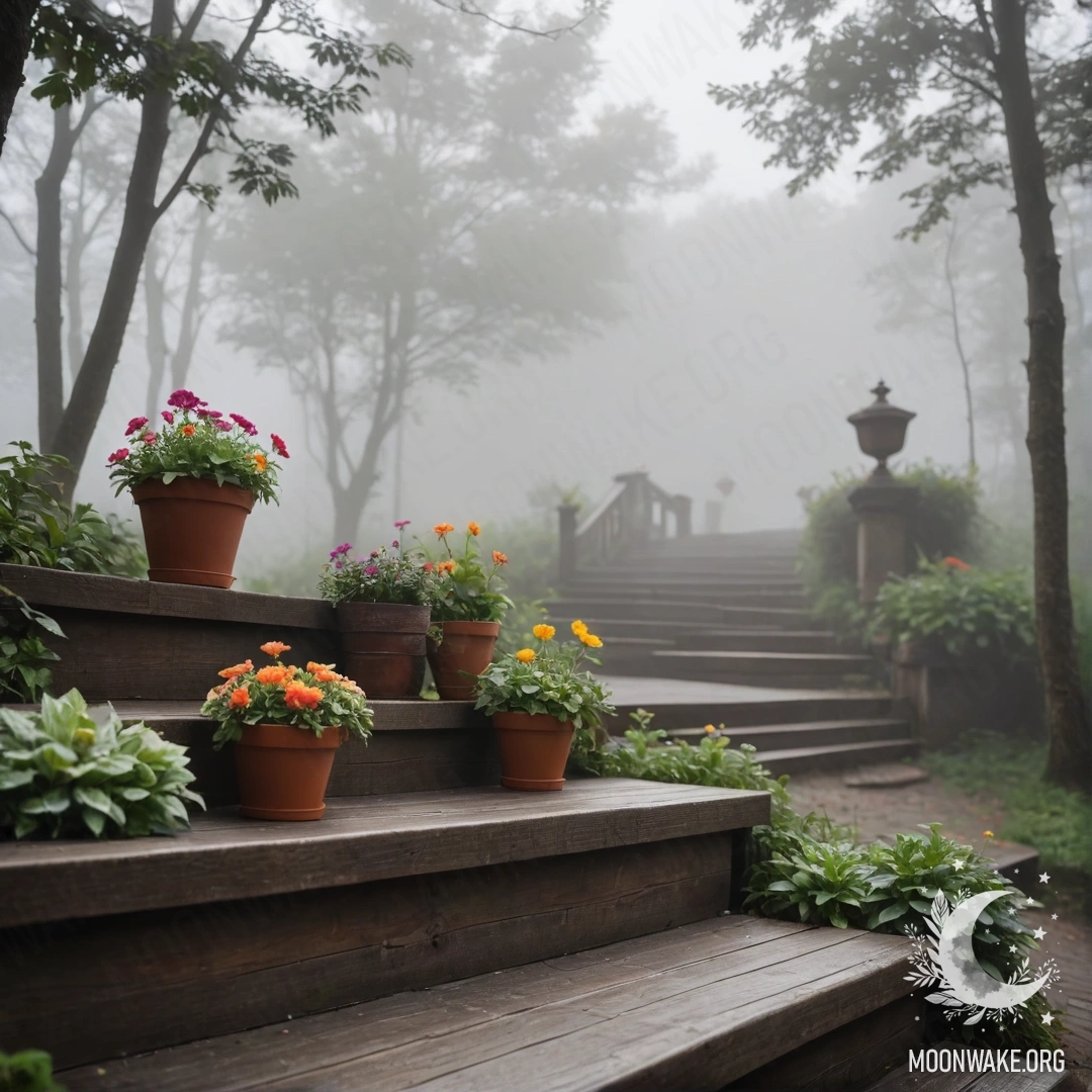 A wooden table with red flowers, a coffee pot, and cups set against mountains at night.