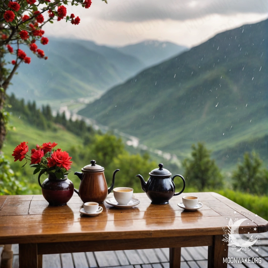 Charming Wooden Table in the Rain A wooden table adorned with a jar of red flowers and a coffee pot with cups, set against a mountain backdrop in the rain.