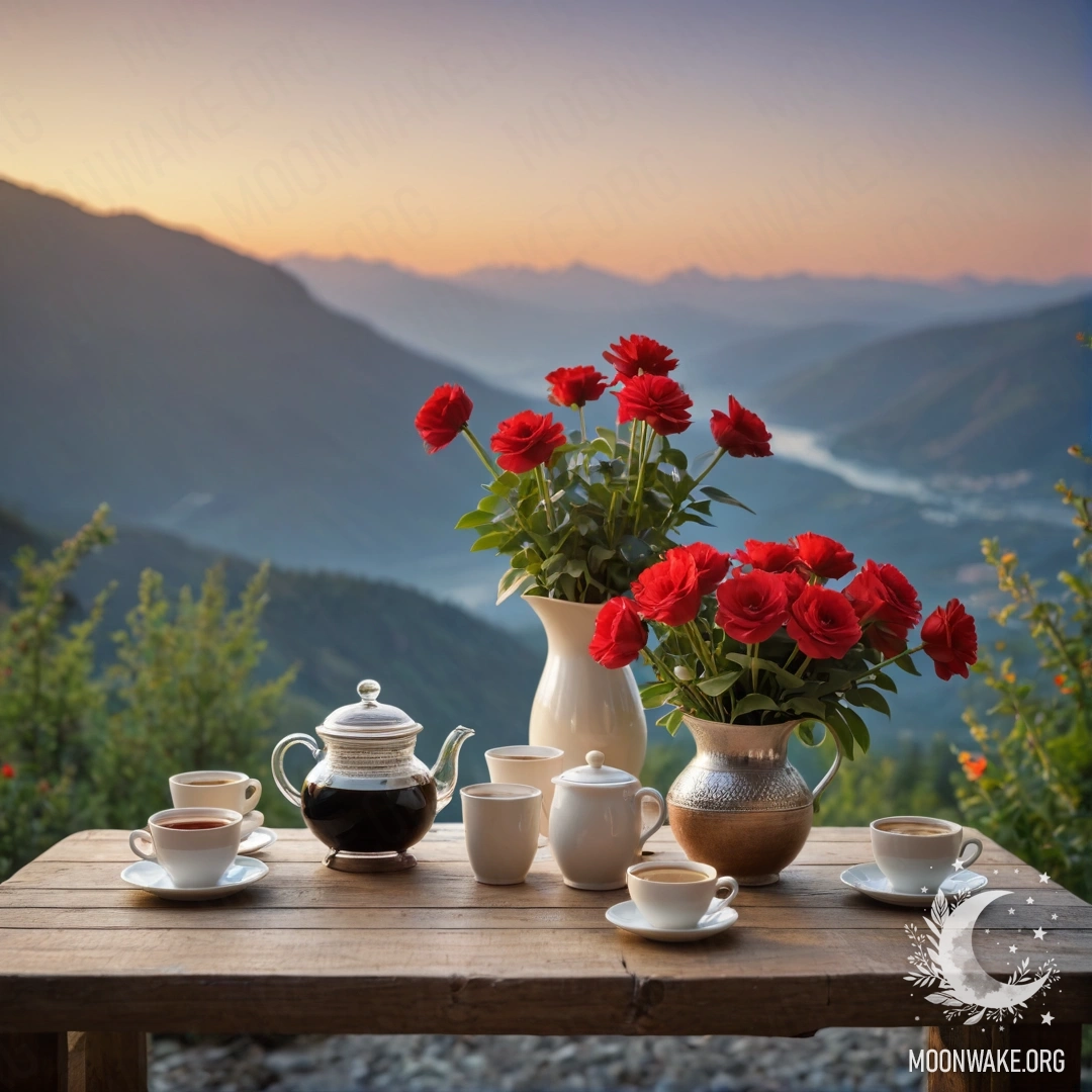 Serene Sunset Table with Flowers and Coffee A cozy wooden table with a jar of red flowers, coffee pot, and cups against the backdrop of mountains at sunset.