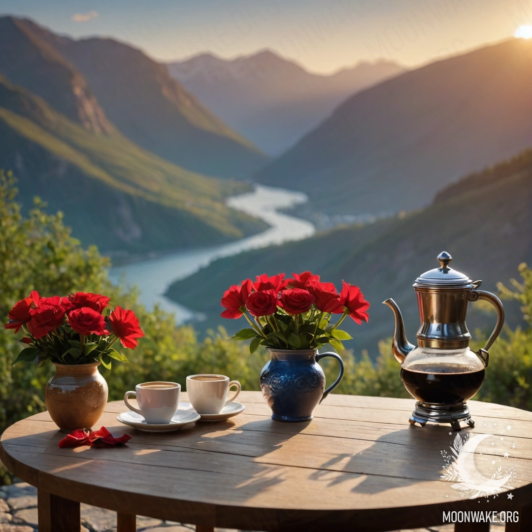 A wooden table adorned with red flowers, coffee pot, and cups against a mountain backdrop during sunset.