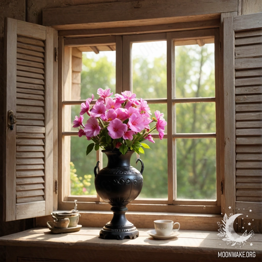 A shabby wooden window with shutters, a kerosene lamp, and pink flowers.