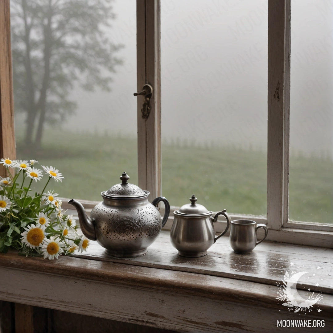 A shabby wooden window sill adorned with a metal teapot and daisies, enveloped in mist.