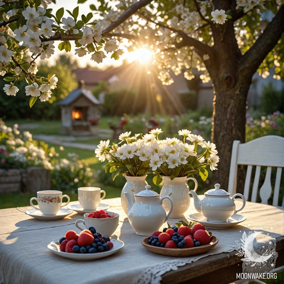 A vintage table with cups, teapot, berries, and flowers under an apple tree at sunset.