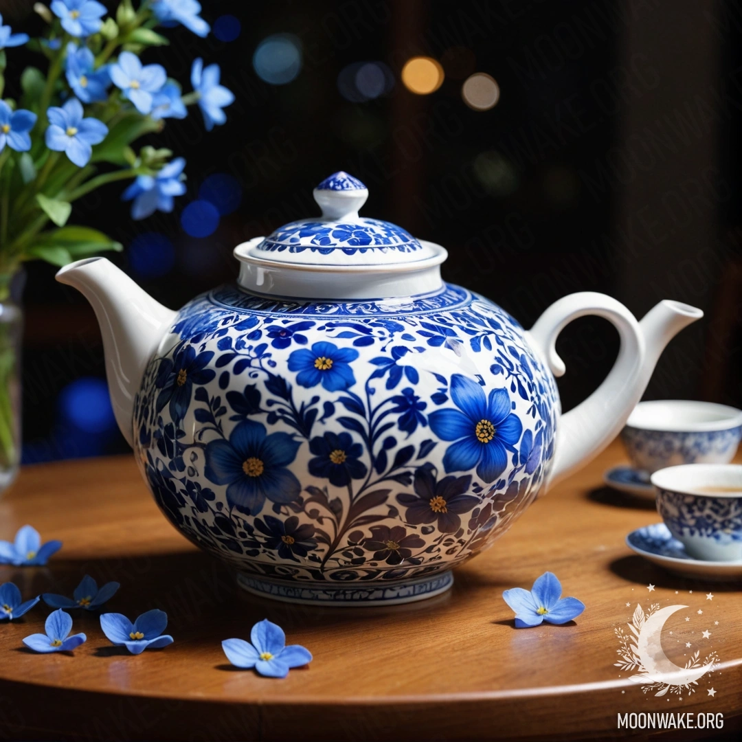 A round wooden table with a porcelain teapot filled with blue flowers at night.